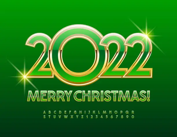 Vector illustration of Vector chic Greeting Card Merry Christmas 2022! Elegant Green and Gold Alphabet Letters and Numbers