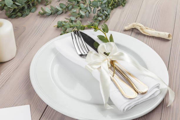 istock Beautiful table setting on wooden table from above 1342109528