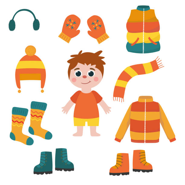 A set of warm winter clothes. Boys clothing vector illustration - winter clothing, clothing for children kids winter coat stock illustrations