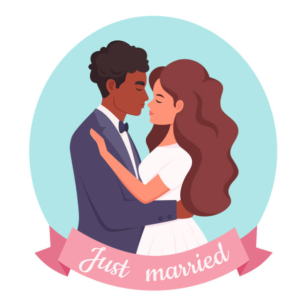 Wedding couple. Man and woman getting married, newlyweds. Wedding portrait. Multicultural family. Vector illustration Wedding couple. Man and woman getting married, newlyweds. african bride and groom stock illustrations
