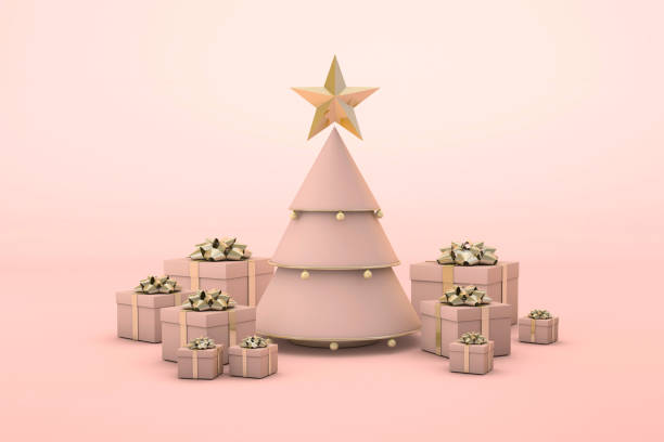 istock Pink christmas concept with christmas tree and gift boxes. 3d render 1342111143