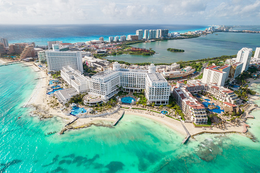 View of beautiful Hotels in the hotel zone of Cancun. Riviera Maya region in Quintana roo on Yucatan Peninsula. Aerial panoramic view ofallinclusive resorts
