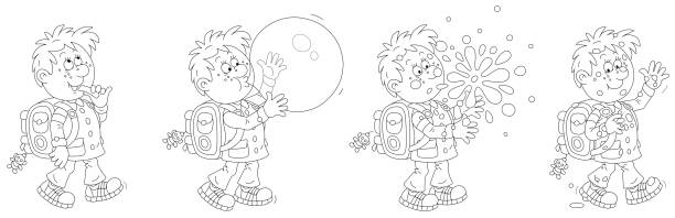 ilustraciones, imágenes clip art, dibujos animados e iconos de stock de pequeño colegial con chicle - balloon blowing inflating child