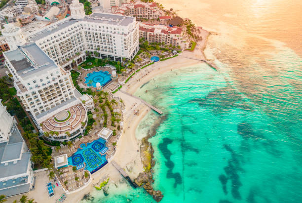 View of beautiful Hotel Riu Palace Las Americas in the hotel zone of Cancun. Riviera Maya region in Quintana roo on Yucatan Peninsula. Aerial panoramic view of all-inclusive resort stock photo