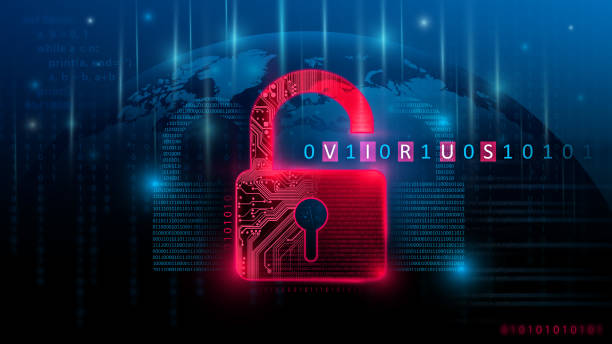 Security breach, system hacked alert with red broken padlock icon showing unsecure data under cyberattack, vulnerable access, compromised password, virus infection, internet network with binary code stock photo