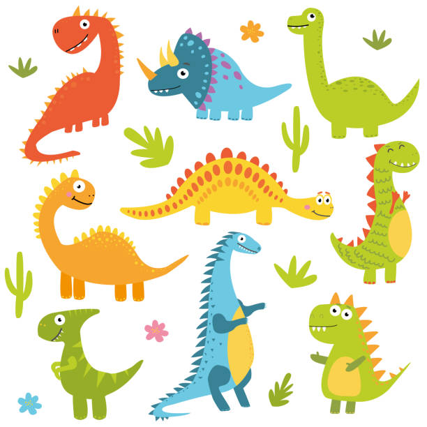 lustige sammlung von dinosaurier-cartoons. vektor-illustration - dinosaur toy dino monster stock-grafiken, -clipart, -cartoons und -symbole