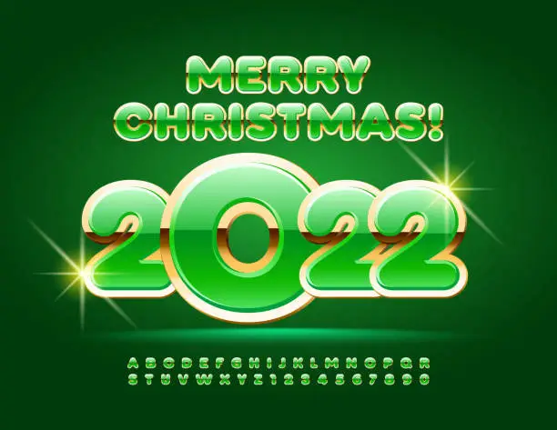 Vector illustration of Vector green Greeting Card Merry Christmas 2022! Festive Alphabet Letters and Numbers set