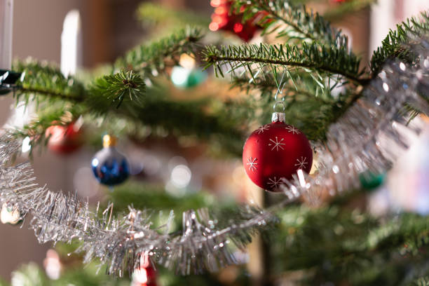 Close-up of a branch of Christmas tree with wreath and red baubles at daytime stock photo
