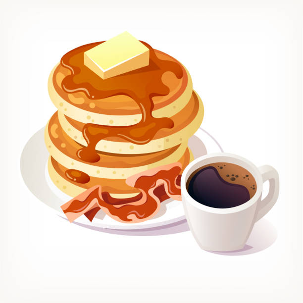 stapel pfannkuchen mit knusprigem speck im teller mit ahornsirup bedeckt und ein stück butter obüber. tasse heißen schwarzen kaffee mit schaum. - plate dishware stack multi colored stock-grafiken, -clipart, -cartoons und -symbole