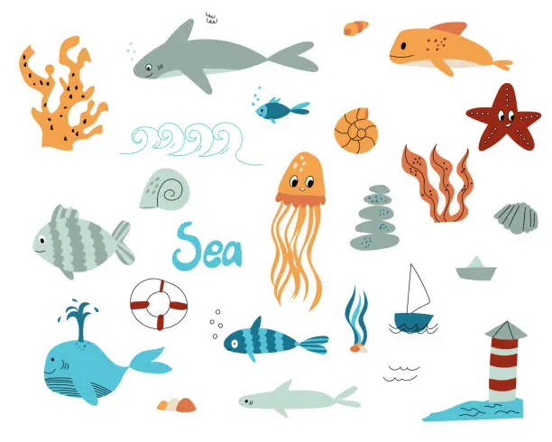 Vector illustration of A marine set in the doodle style. Elements on the marine theme are hand-drawn isolated on a white background. Marine animals