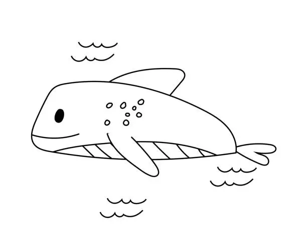 Vector illustration of Sea fish drawn with a black outline. Vector fish is drawn by hand. Big fish icon for coloring, tattoo sketch, sticker