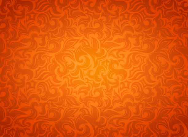 oranger damast vintage-hintergrund mit stilisierten blumen und pflanzenmustern. herbsthintergrund - 2841 stock-grafiken, -clipart, -cartoons und -symbole