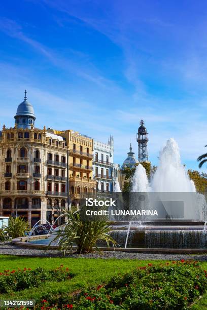 Valencia City Ayuntamiento Square Plaza Fountain Stock Photo - Download Image Now - Valencia - Spain, Spain, Comunidad Autonoma de Valencia