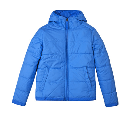 Blue sport winter jacket isolated on white. Warm clothes. Hooded garment.Warm outwear.