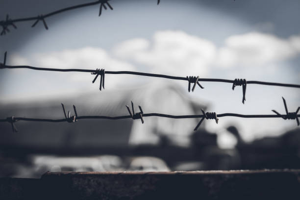 clôture de barbelés contre un ciel sombre et dramatique - barbed wire photos photos et images de collection