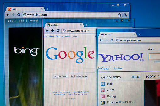 Istanbul, Turkey - April 24, 2011: Bing.com, google.com and yahoo.com main pages in Internet Explorer.They are the most-used search engines on the Web.
