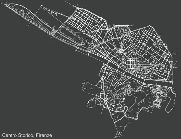 Vector illustration of Dark negative street roads map of the Quartiere 1 Centro Storico district of Florence, Italy