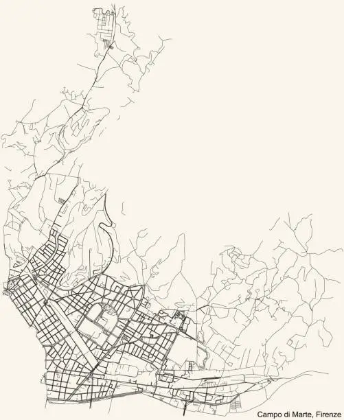 Vector illustration of Street roads map of the Quartiere 2 Campo di Marte district of Florence, Italy