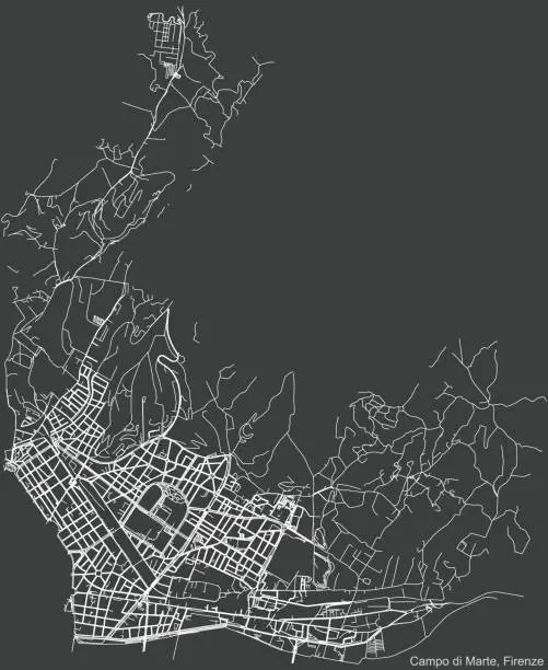 Vector illustration of Dark negative street roads map of the Quartiere 2 Campo di Marte district of Florence, Italy