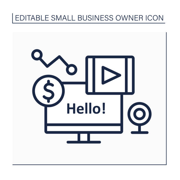 small business owner lin solo Computer line icon. Special technical equipment for blogging. Camera, laptop for content creation. Small business owner concept. Isolated vector illustration. Editable stroke small business owner on computer stock illustrations