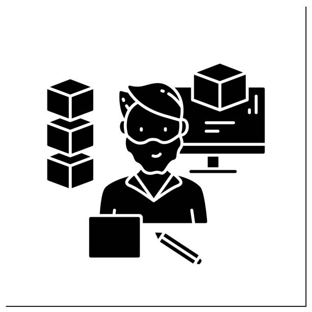 Modeling glyph icon Modeling glyph icon. Man created 3d models on a laptop.Computer graphics.Digital representation of any object or surface. Small business owner.Filled flat sign. Isolated silhouette vector illustration small business owner on computer stock illustrations