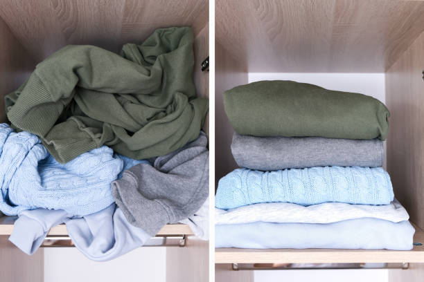 istock Decluttering cpncept, a messy clothes on a wardrobe shelf and organized clothes, before and after, tidy and untidy clothes storage 1342131936