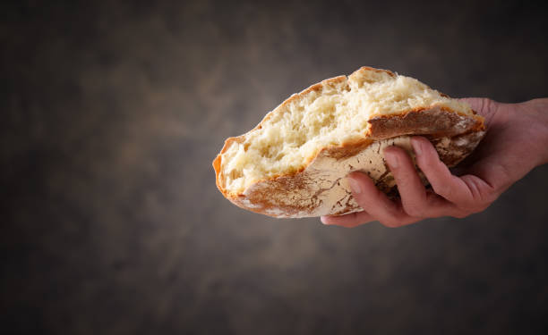istock Man`s hand holds out a piece of bread, close-up, space for text. 1342134685