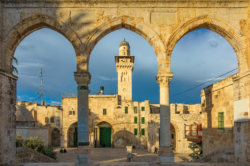 Arches at Temple Mount, in the Old City, Jerusalem, Israel at sunrise
