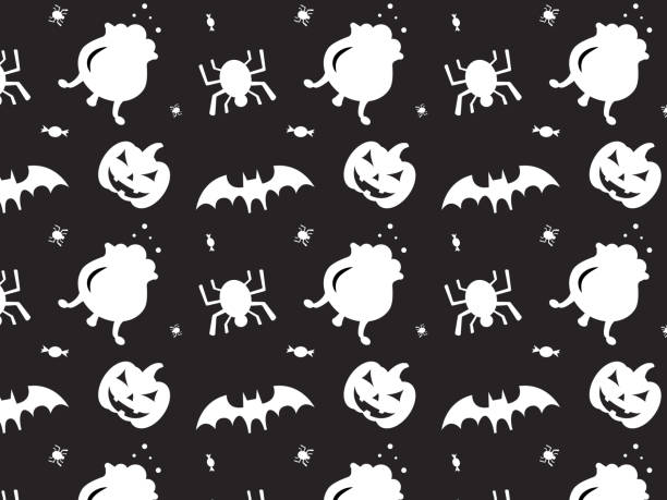 ilustrações de stock, clip art, desenhos animados e ícones de halloween pattern, with pumpkin, bat, spider, candy, cauldron and witch hat - witch halloween cauldron bat