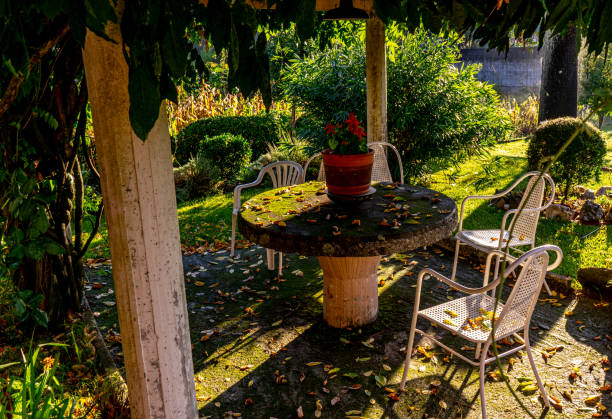 istock picnic area in a garden with table and chairs 1342135261