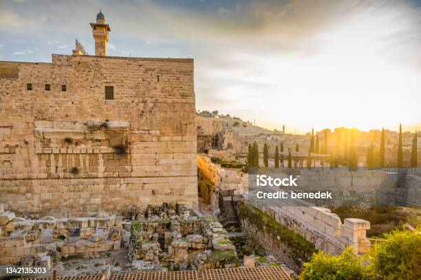 Ruins Around The Temple Mount Old City Jerusalem Israel Sunrise Stock Photo - Download Image Now