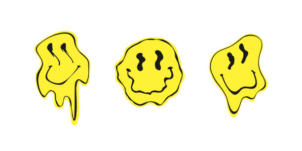 melted smile faces in trippy acid rave style isolated on white background. psychedelic quirky cartoon face, great for retro stickers, sweatshirts. urban neon graffiti style vector design element - mutluluk illüstrasyonlar stock illustrations
