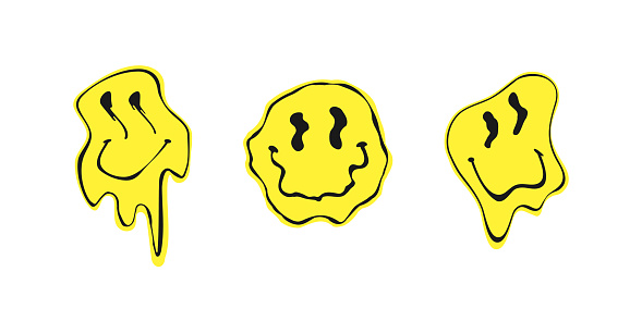 Melted smile faces in trippy acid rave style isolated on white background. Psychedelic quirky cartoon face, great for retro stickers, sweatshirts. Urban neon graffiti style vector design element.
