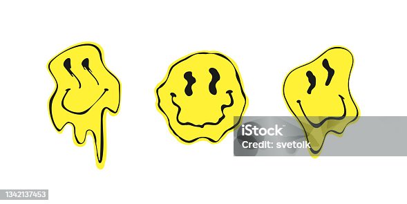 istock Melted smile faces in trippy acid rave style isolated on white background. Psychedelic quirky cartoon face, great for retro stickers, sweatshirts. Urban neon graffiti style vector design element 1342137453