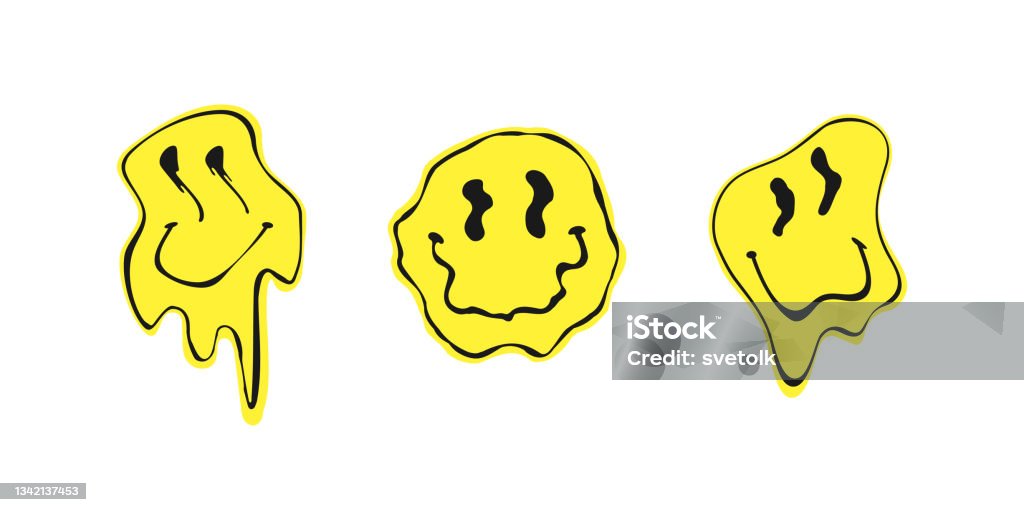 Melted smile faces in trippy acid rave style isolated on white background. Psychedelic quirky cartoon face, great for retro stickers, sweatshirts. Urban neon graffiti style vector design element - 免版稅貼紙圖庫向量圖形