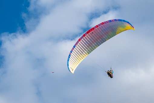 Fethiye, Turkey - Octover 23 2022 : Paragliding at start point. Parachute or Paragliding festival. took place in Babadag, world famous paragliding center.