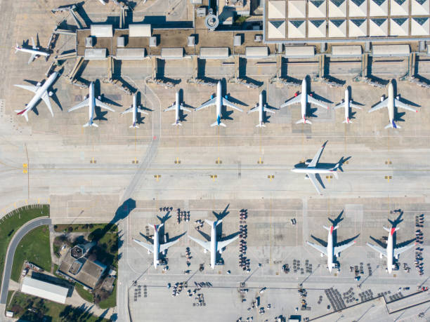 Aerial view of an airport. stock photo