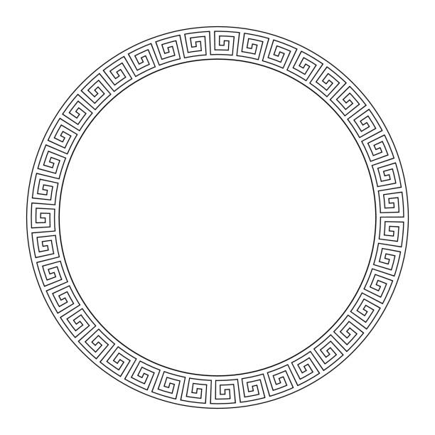 ilustrações de stock, clip art, desenhos animados e ícones de seamless meander pattern round frame in black and white color, greek key pattern background - seamless brick repetition pattern