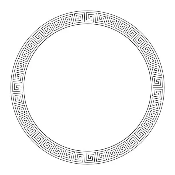 Vector illustration of Seamless Meander Pattern Round Frame In Black And White Color, Greek Key Pattern Background