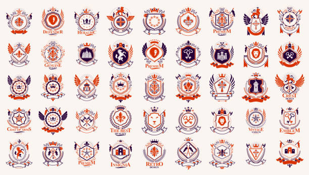 Heraldic Coat of Arms vector big set, vintage antique heraldic badges and awards collection, symbols in classic style design elements, family or business logos. Heraldic Coat of Arms vector big set, vintage antique heraldic badges and awards collection, symbols in classic style design elements, family or business logos. mountain ridge stock illustrations