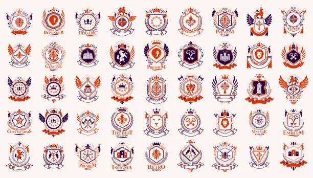Vector illustration of Heraldic Coat of Arms vector big set, vintage antique heraldic badges and awards collection, symbols in classic style design elements, family or business logos.