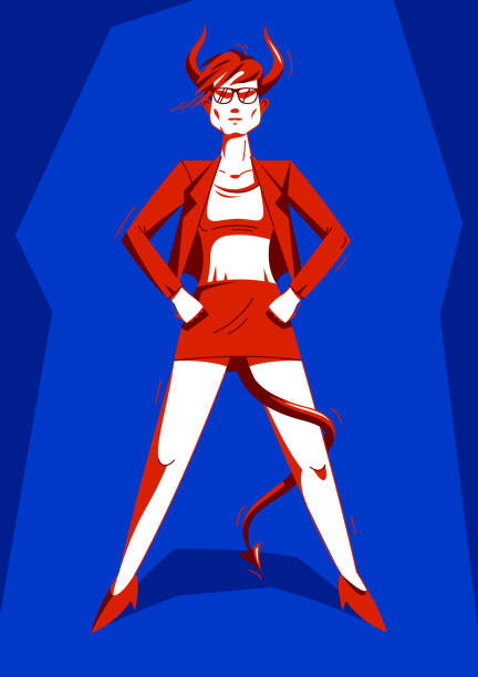 Big boss bossy girl with horns like demon or devil stands confident serious and angry vector illustration, bad boss despot and tyrant concept, bad queen strong and independent woman.