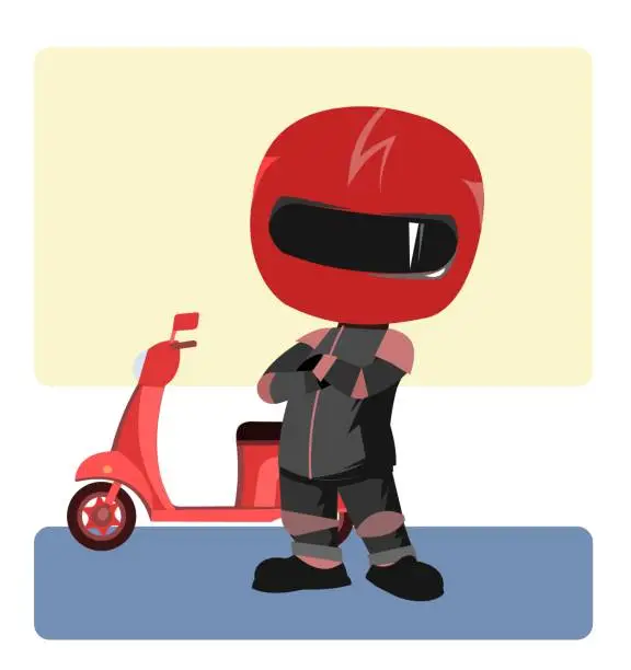 Vector illustration of Scooter driver. Biker Cartoon. Child illustration. To stand. In a sports uniform and a red helmet. Cool motorcyclist. Isolated on white background. Vector