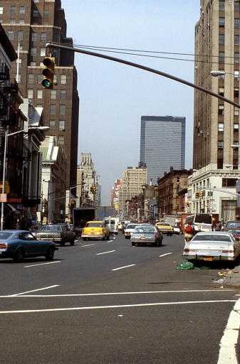 New York City, NY, USA, 1977. Street scenes on Broadway at the corner of W 41 Street in Midtown Manhattan.