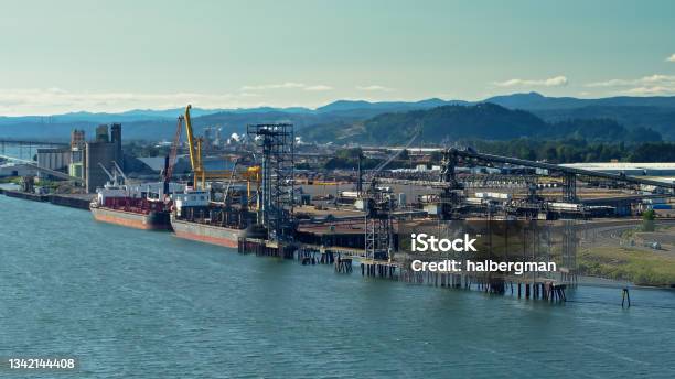 Docked Ships On The Columbia River In Longview Washington Stock Photo - Download Image Now
