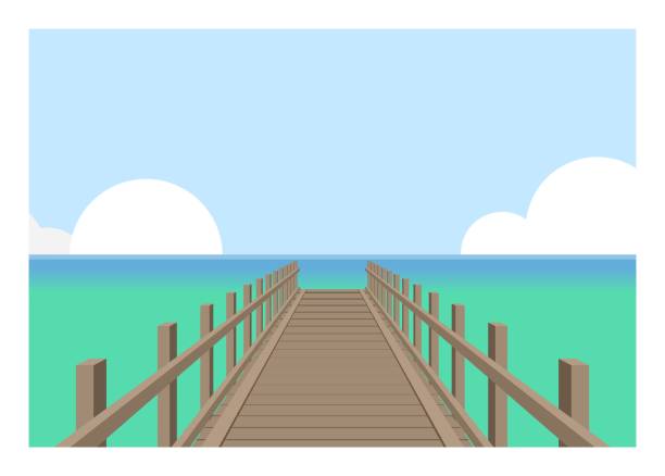 Beach wooden pier. Simple flat illustration in perspective view. Simple flat illustration of Beach wooden pier in perspective view. tropical beach and clouds scene stock illustrations