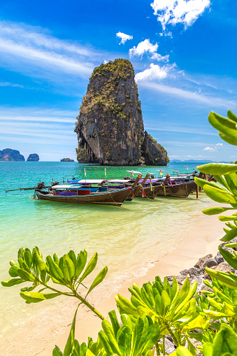 Tropical leaves frame at Thai traditional wooden longtail boat at Phra Nang Beach in Krabi, Ao Nang, Thailand