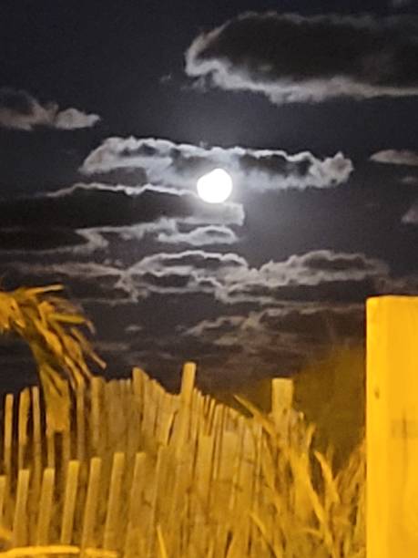 istock Full harvest moon with clouds and fence 1342148289