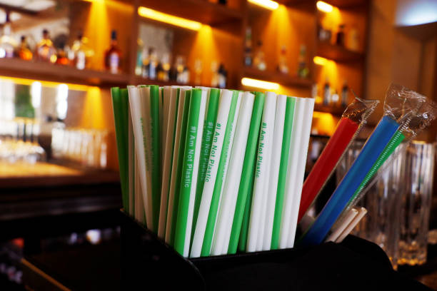 biodegradable wheat or avocado seed straw presented in a cafe restaurant, plastic reduce concept