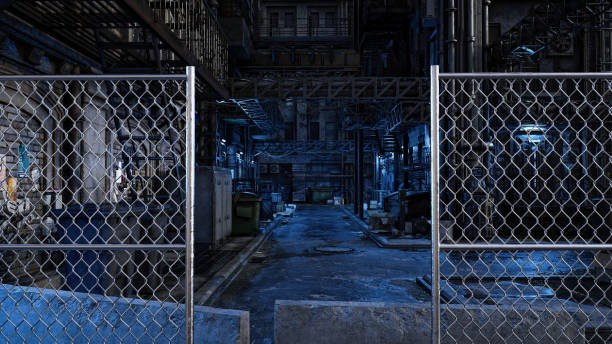 Cyberpunk concept 3D illustration of a seedy futuristic city street at night seen through a chain link fence. Dark seedy futuristic urban back street alley viewed through chain link fence 
at night. Cyberpunk concept 3D illustration. seedy alley stock pictures, royalty-free photos & images